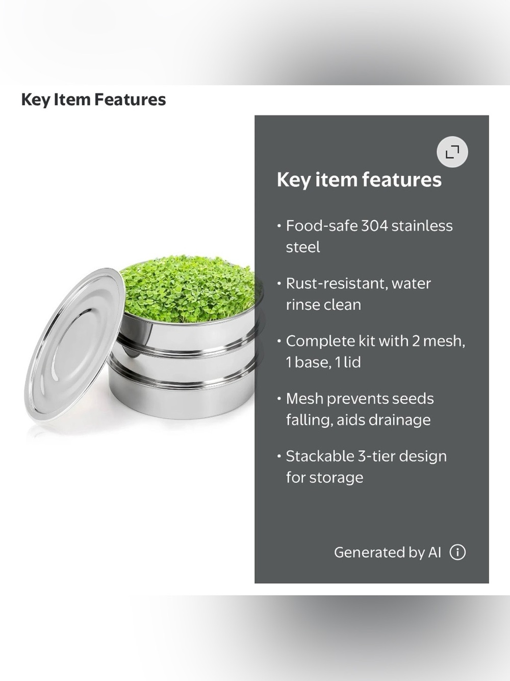 Stainless Steel, 3-Tier Stackable Sprouting Kit w/Encrypted Mesh - Picture 4 of 9